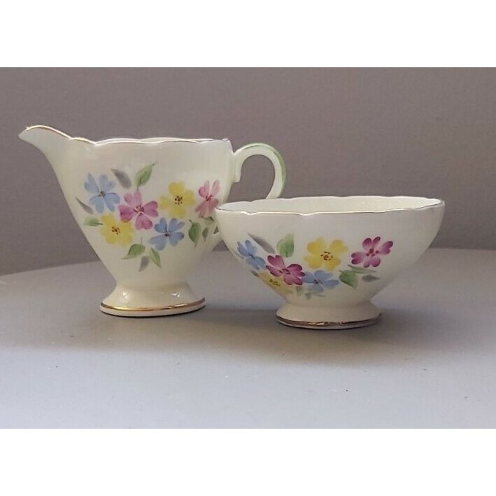 Vintage Foley Bone China, White Cream and Sugar set with blue, yellow and purple